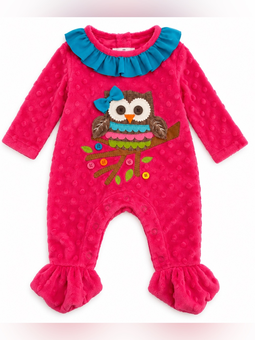 Mud Pie Hot Pink Owl Appliqué Ruffle Footie with Teal Collar